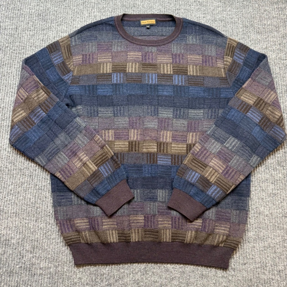 Lenor Romano Ombre Boxes Jacquard Sweater Mens XL Merino Wool Pima Cotton Knit